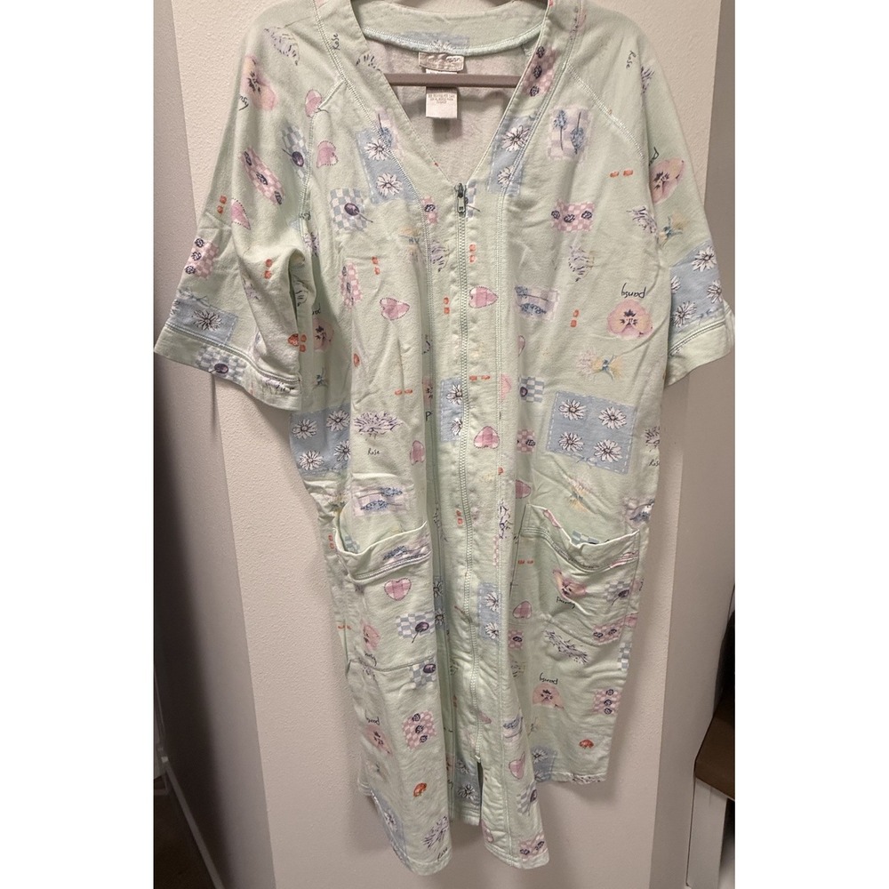 ANNE LEWIN 100% Cotton Knit Nightgown House Dress Zipper Pockets Floral Size‎ L